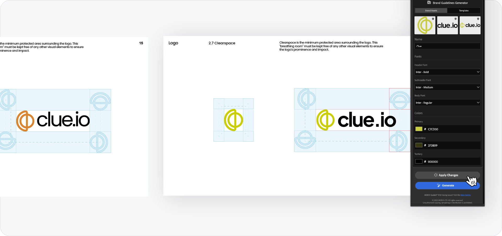 The Guideit panel in Adobe Illustrator, with the cursor clicking the 'Apply Changes' button to update logo assets across the entire brand guidelines document.
