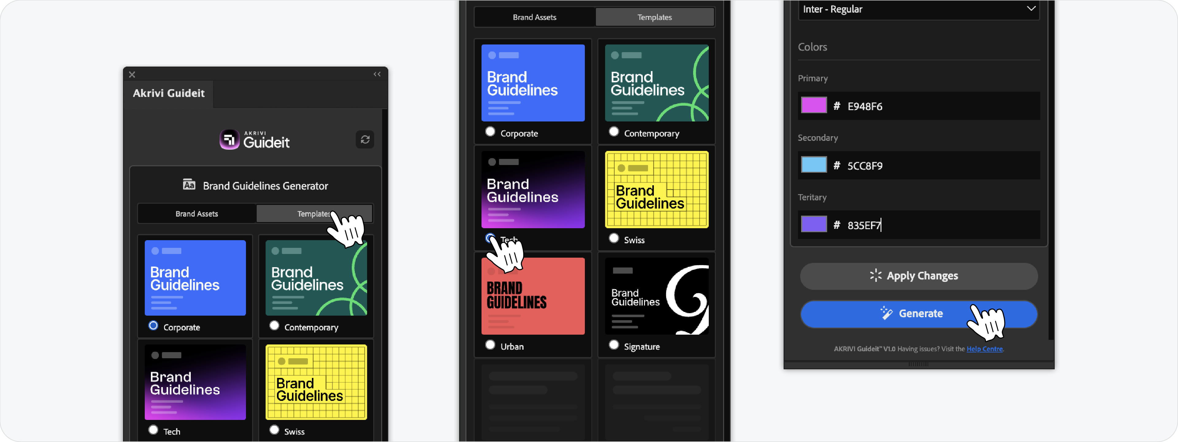 Selecting a brand guideline template and clicking generate in the Akrivi Guideit Adobe Illustrator plugin.