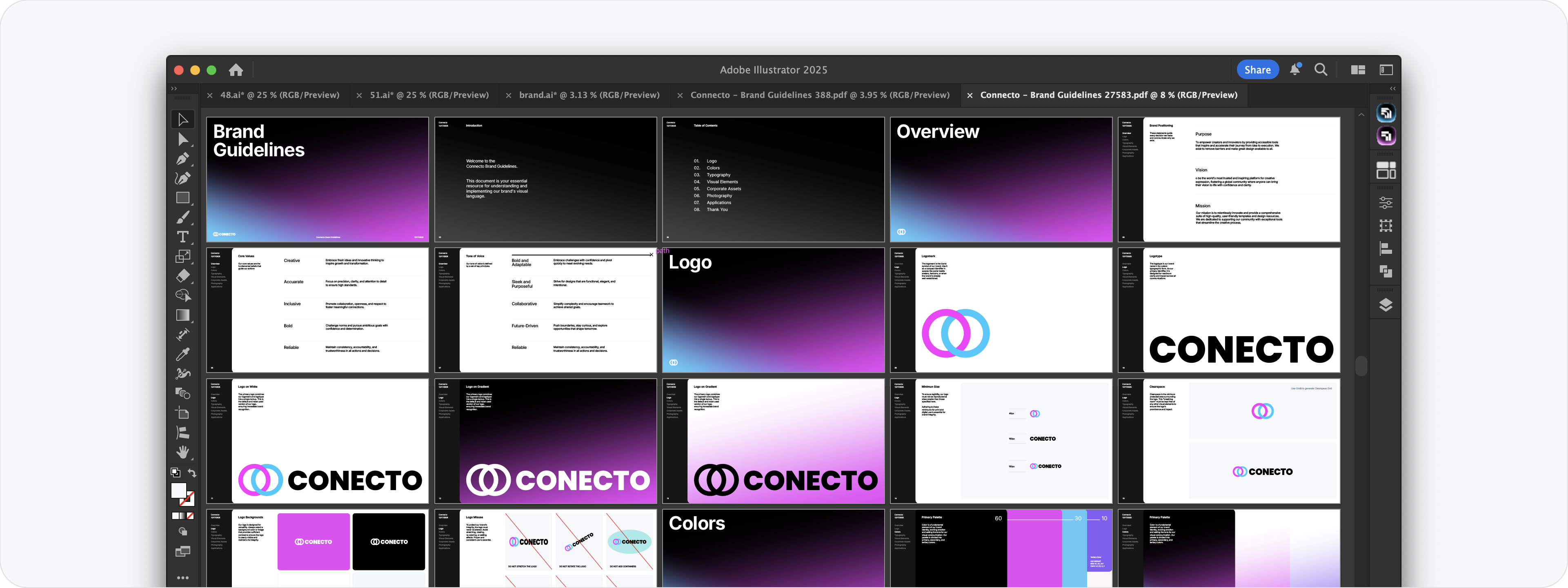 Completed brand guideline pages generated in Adobe Illustrator using Akrivi Guideit.
