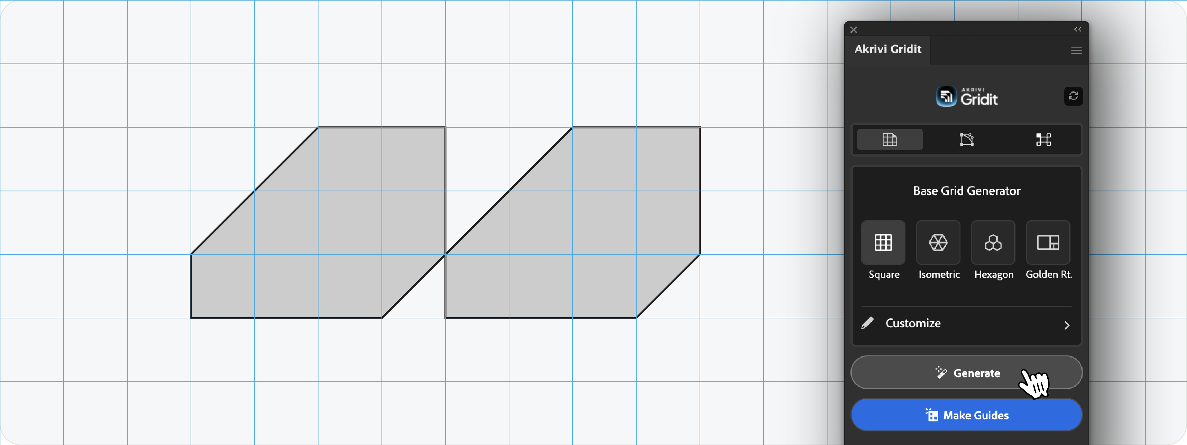 A geometric shape in Adobe Illustrator aligned perfectly to a grid generated by the Akrivi Gridit Base Grid Generator, with the panel showing options for Square, Isometric, and Hexagon grids.