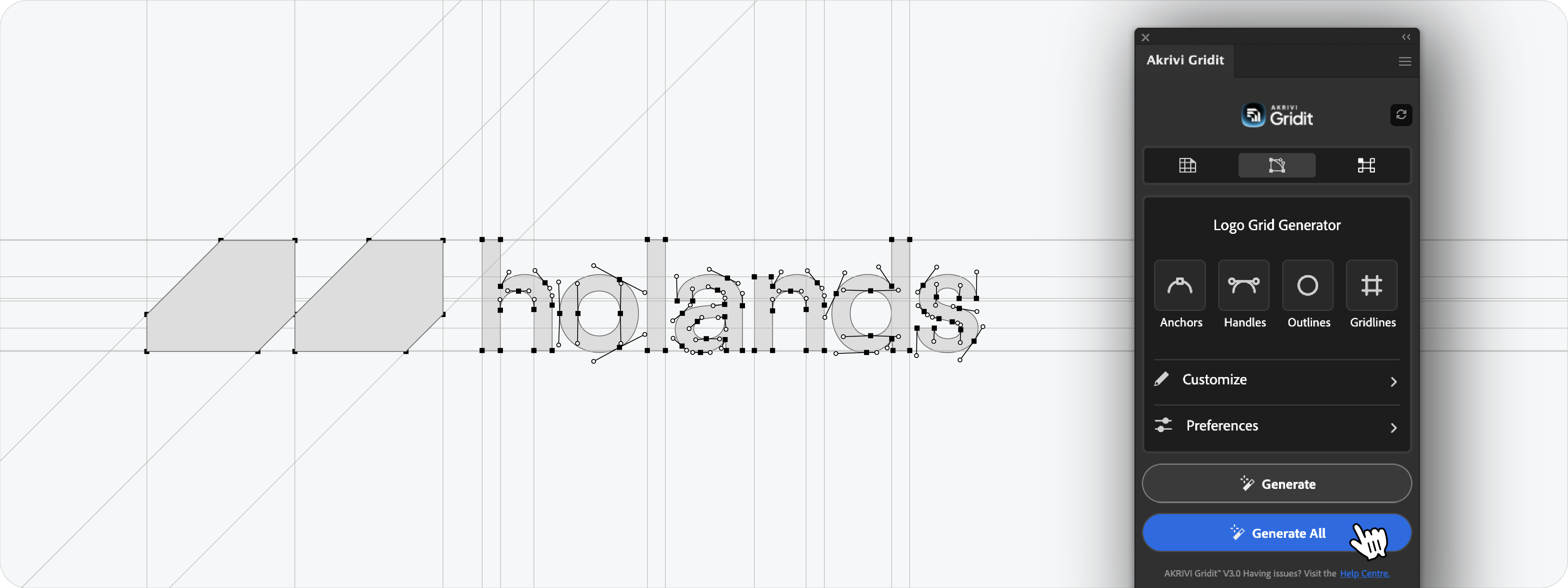 A detailed construction grid overlaying a logo in Adobe Illustrator, generated by the Logo Grid Generator in Akrivi Gridit to show the geometric logic of the design