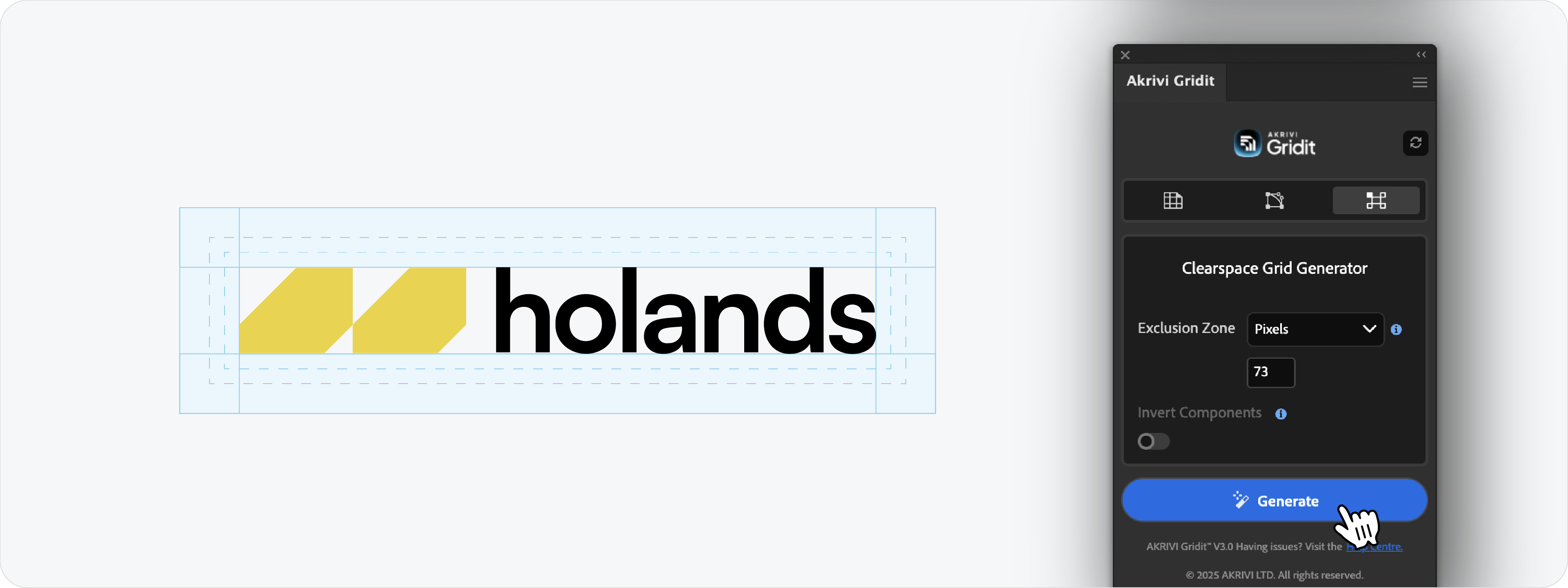 A logo in Adobe Illustrator with a clearspace exclusion zone automatically generated by the Clearspace Grid Generator in Akrivi Gridit, using pixel measurements.