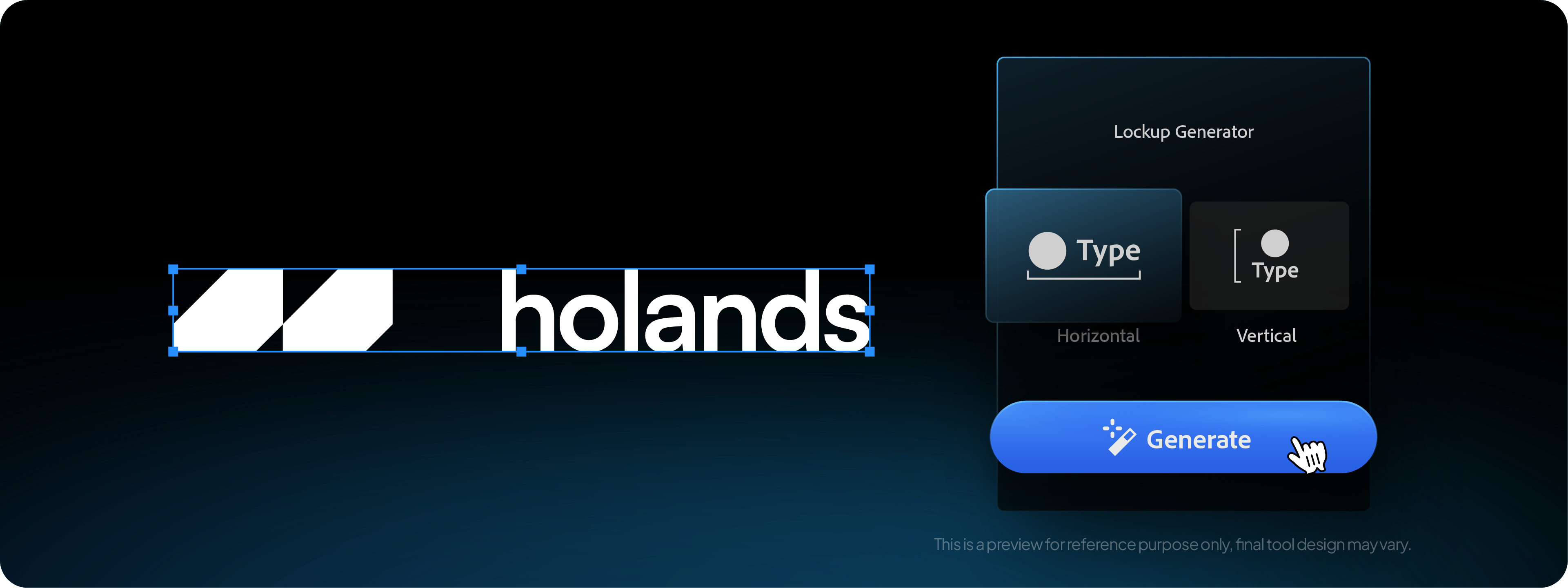 A preview of the upcoming Lockup Grid Generator tool, showing options to align a logomark and logotype horizontally or vertically with a single click.