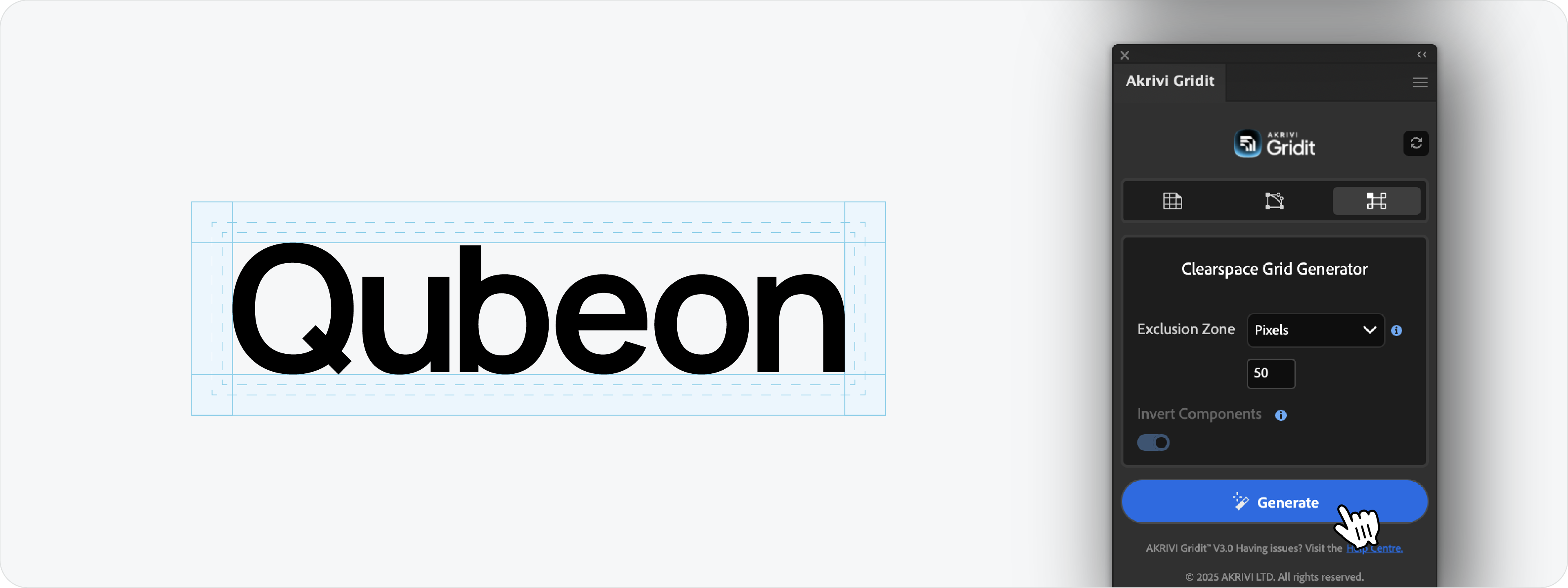 An Adobe Illustrator workspace showing a wordmark clearspace grid generated by Akrivi Gridit using a fixed pixel dimension setting of 50.