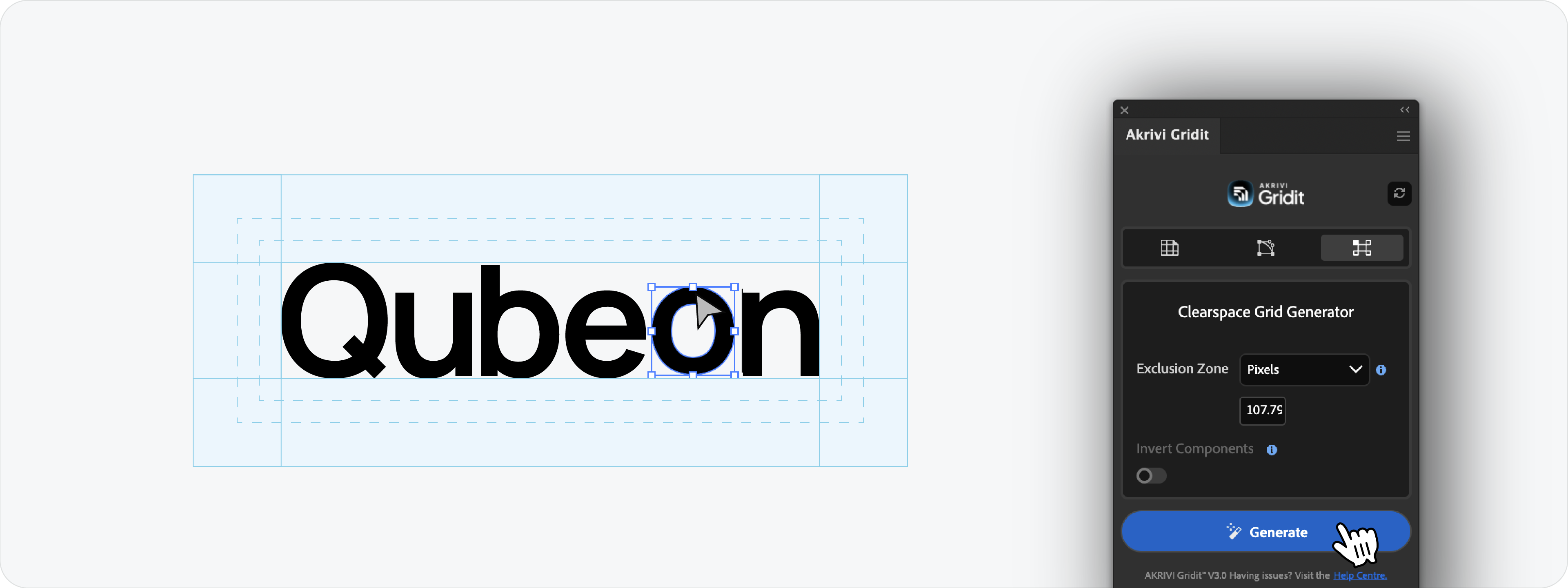 A split screen showing a letter 'o' selected in isolation mode to copy its height, and the resulting clearspace grid generated by pasting that exact value into Gridit.