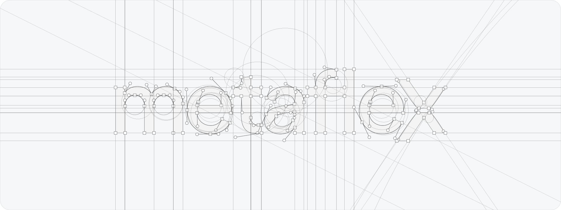 A professional construction grid for the wordmark 'metaflex' created in Adobe Illustrator using Gridit, showing clean gridlines and outlines without messy bezier handles.