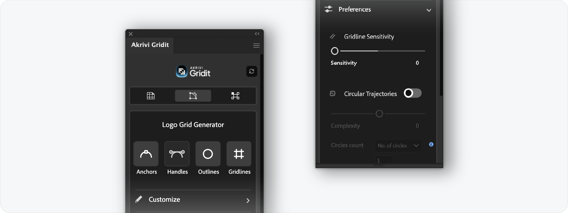 A split view of the Akrivi Gridit panel showing the optimal settings for wordmarks: the 'Circular Trajectories' toggle is switched off in Preferences to prevent visual clutter.