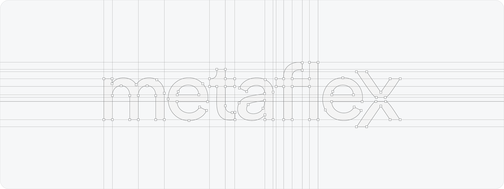 An example of a cluttered wordmark grid for 'metaflex' where handles and circular trajectories were turned on, resulting in a confusing 'spiderweb' of lines.
