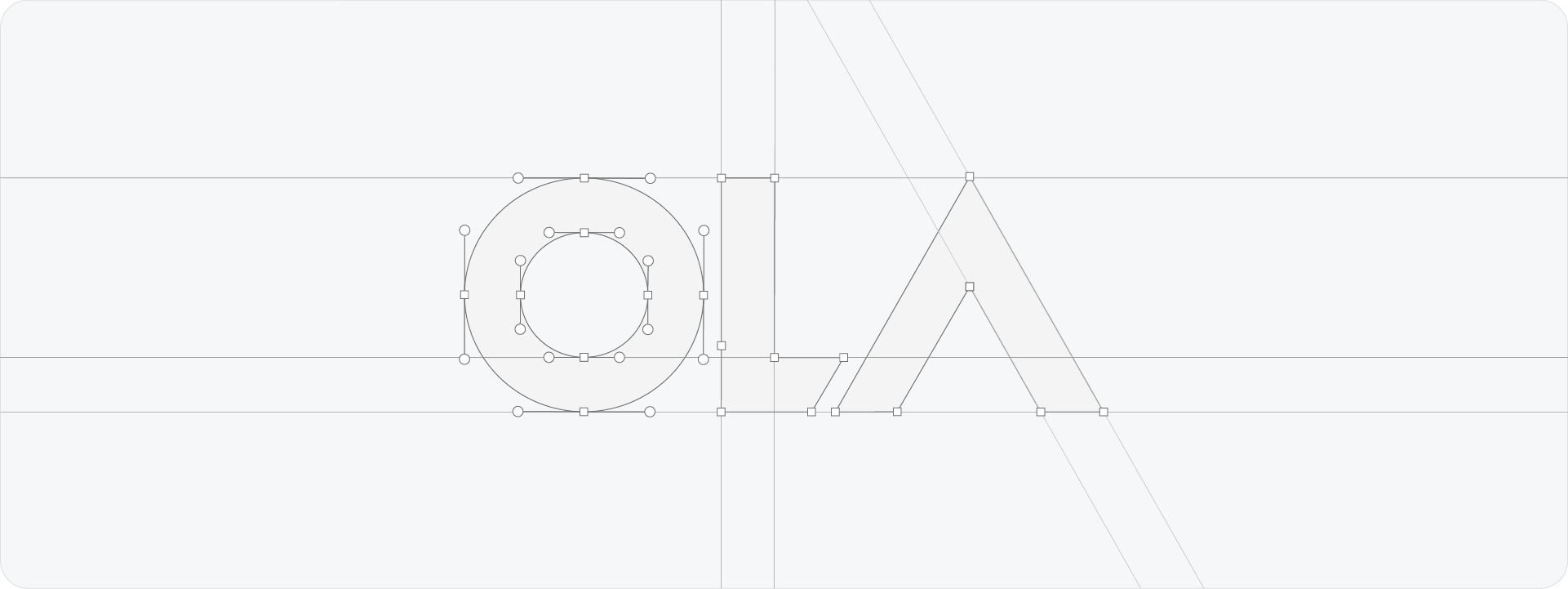 A construction grid for the short, geometric wordmark 'OLA', showing how handles and circular trajectories can be used effectively for simple, structured typography.