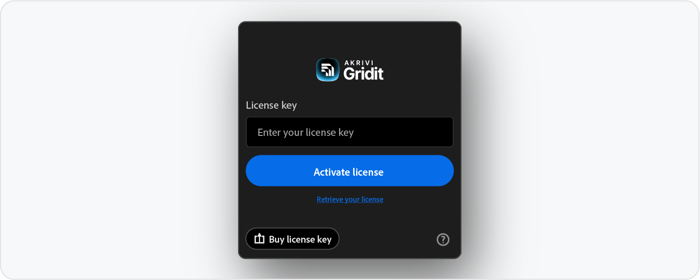 The Akrivi Gridit license activation screen, showing the input field to enter a license key and the 'Activate license' button to unlock the tools