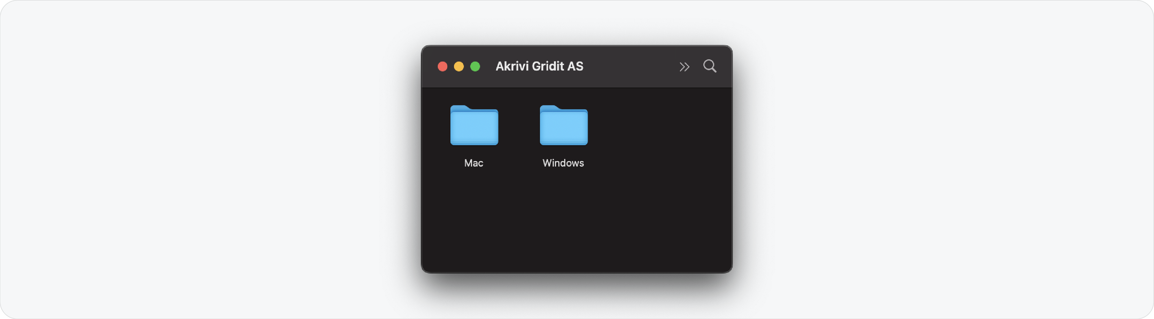A screenshot of the Akrivi Gridit installation folder, showing two clearly labeled subfolders for 'Mac' and 'Windows' to guide users during setup.
