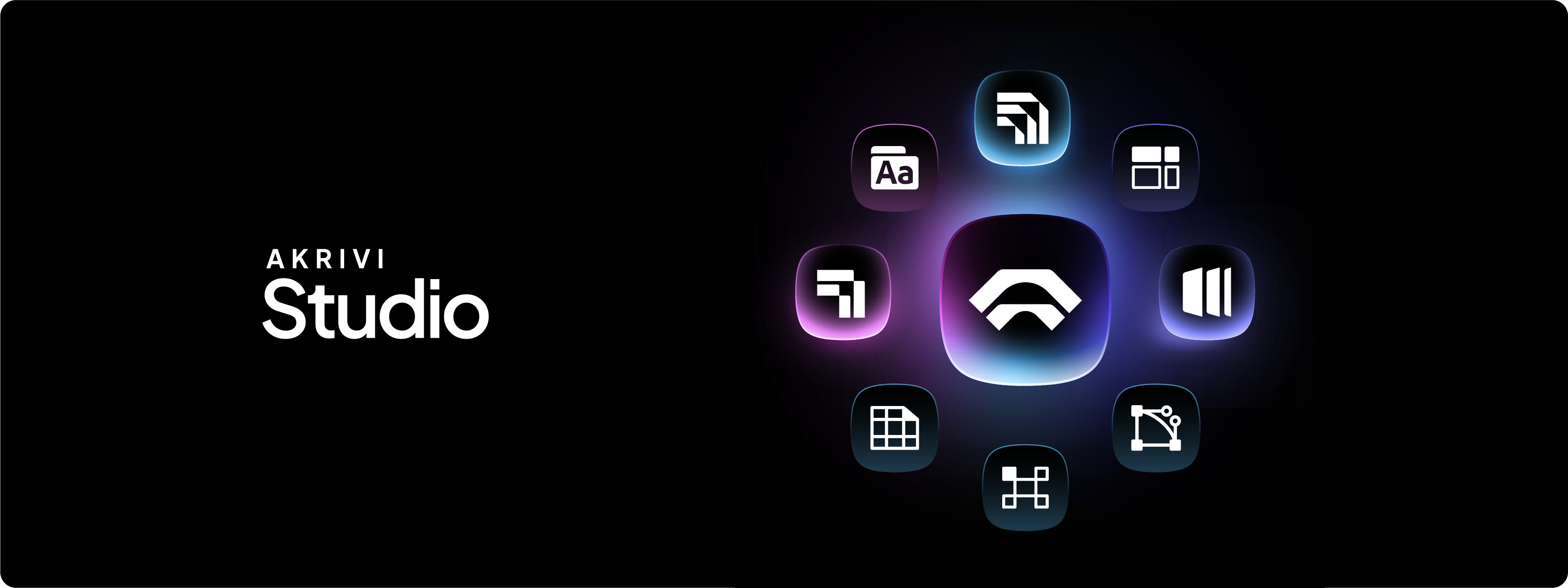 n icon graphic showcasing the Akrivi Studio suite, with the Akrivi logo in the center surrounded by icons representing the various design automation tools included in the package.