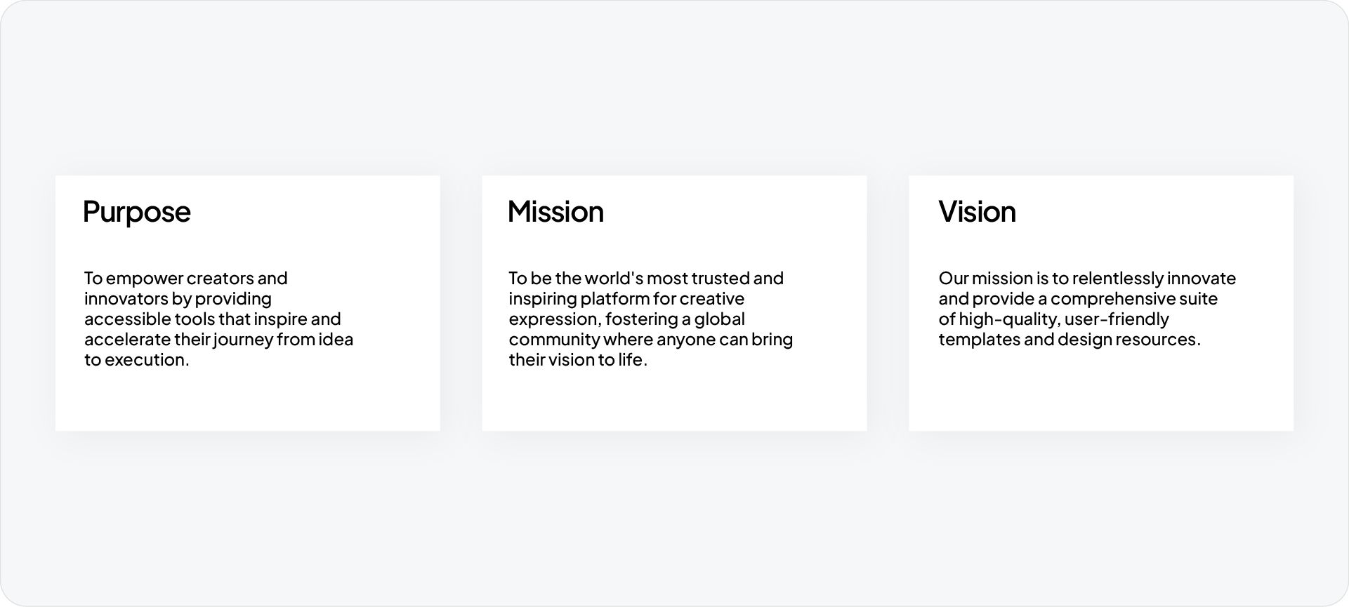 A brand book page layout titled 'Purpose, Mission, and Vision', featuring clear, concise text blocks that define the brand's core philosophy and future goals.