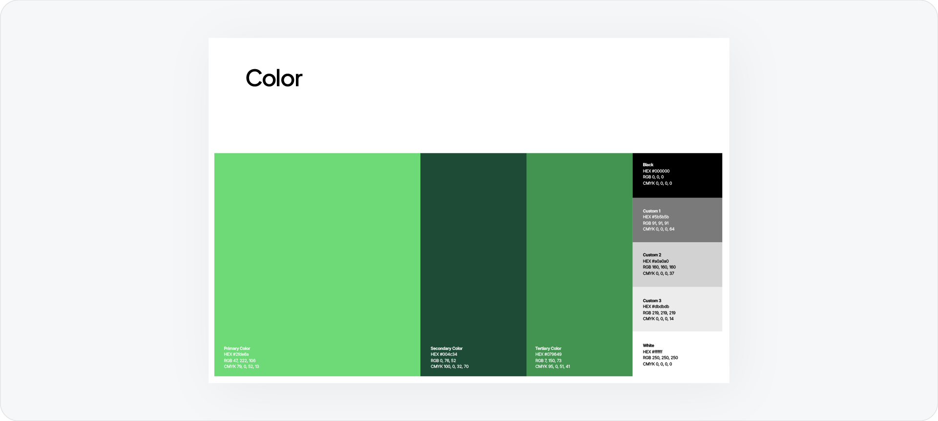 A color palette page from a brand book displaying Primary, Secondary, and Tertiary colors with their corresponding HEX, RGB, and CMYK codes.
