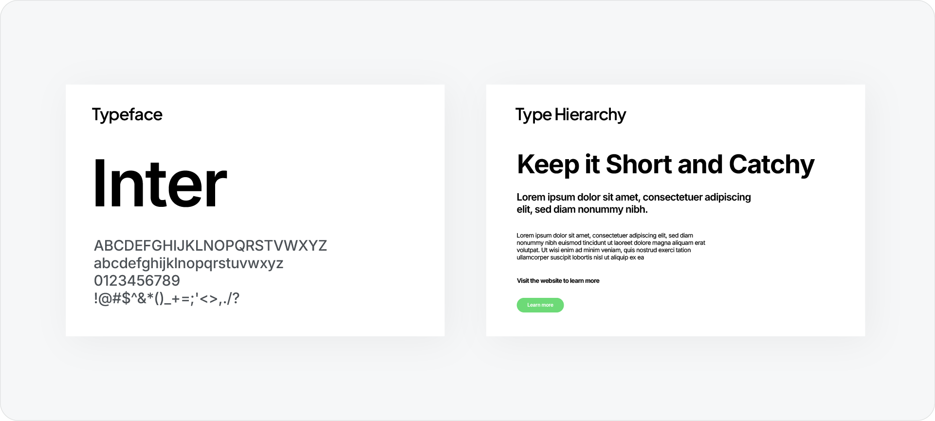 A typography page displaying the 'Inter' typeface with examples of the font hierarchy, including Header, Sub-header, and Body text styles.