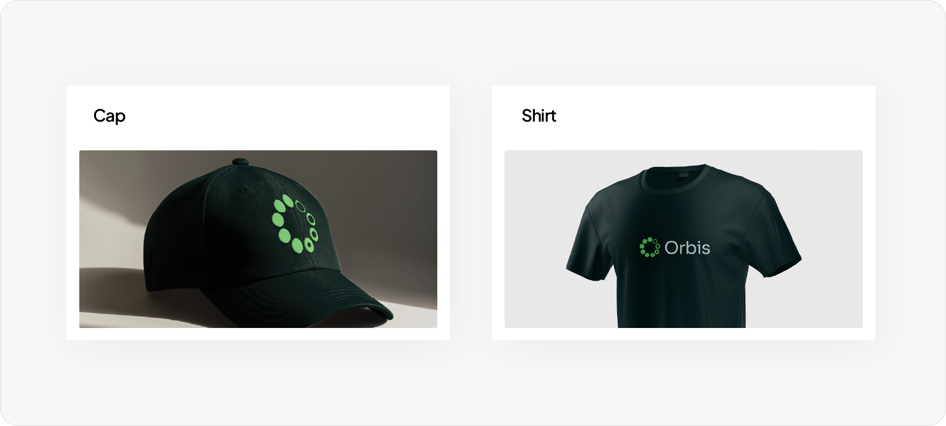 Mockups of a branded cap and t-shirt displaying the 'Orbis' logo, demonstrating how the brand identity is applied to physical merchandise.