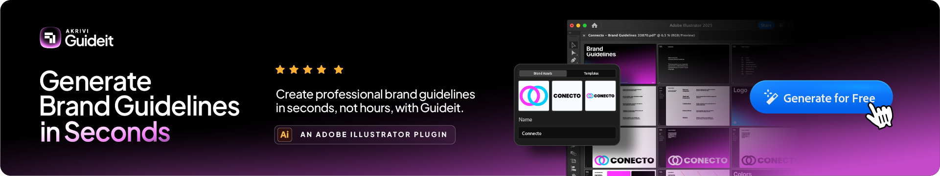 A promotional banner for Akrivi Guideit, an Adobe Illustrator plugin that generates professional brand guidelines in seconds, featuring a 'Generate for Free' button.