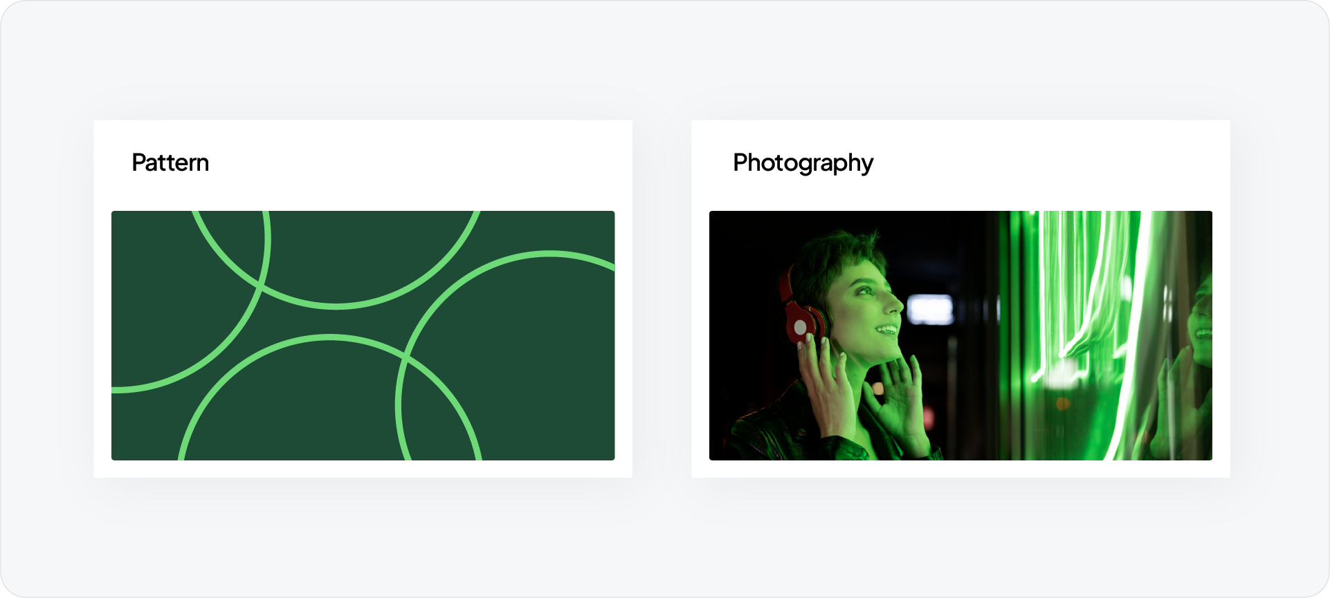 A visual style guide page showing a geometric brand pattern of green circles alongside a photography example featuring a woman with headphones in vibrant green lighting.