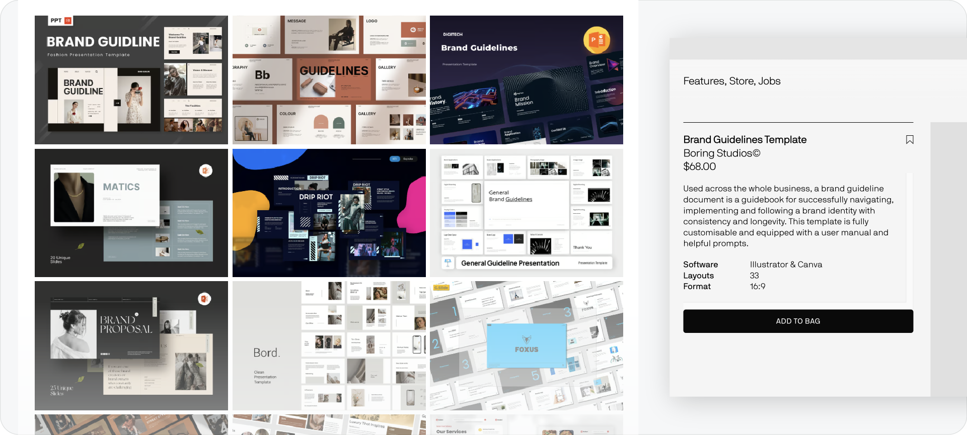 A split screen showing a chaotic collection of disparate brand guideline templates on the left, next to a checkout page for a single expensive template on the right, illustrating the frustration of the traditional method.