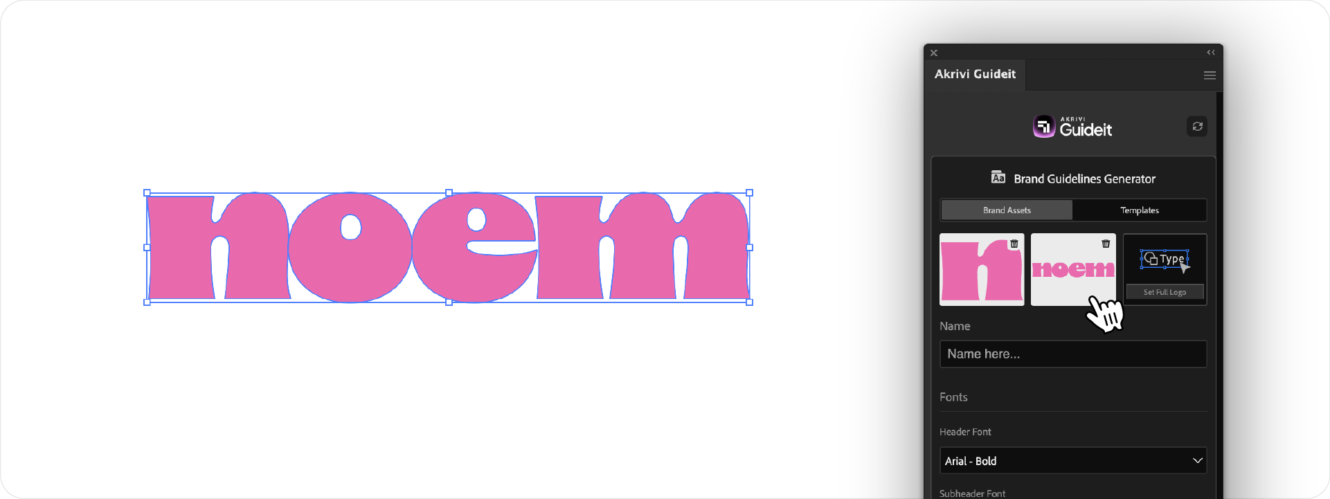 The Guideit interface showing the cursor selecting the full 'noem' wordmark text and uploading it into the Logotype slot as the primary brand asset.