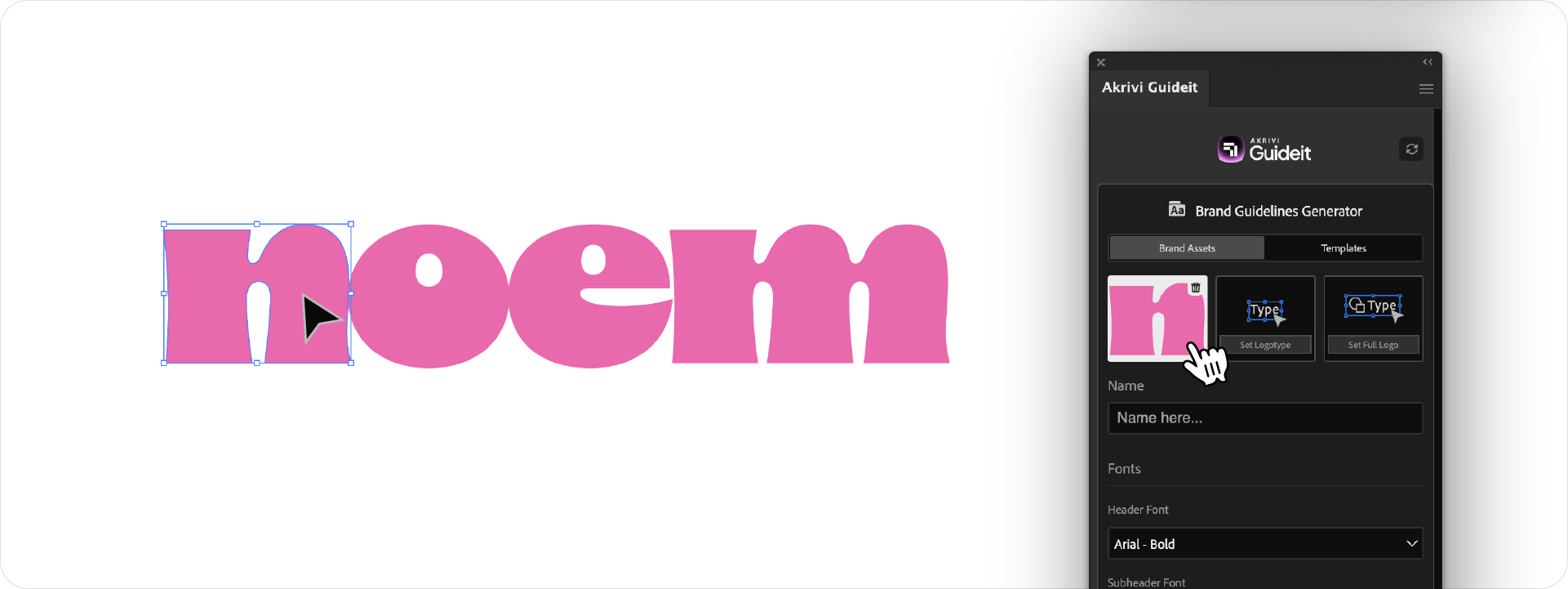 A close-up of the Guideit panel in Adobe Illustrator, with the cursor uploading the letter 'n' as a responsive icon into the Logomark slot for a wordmark brand.