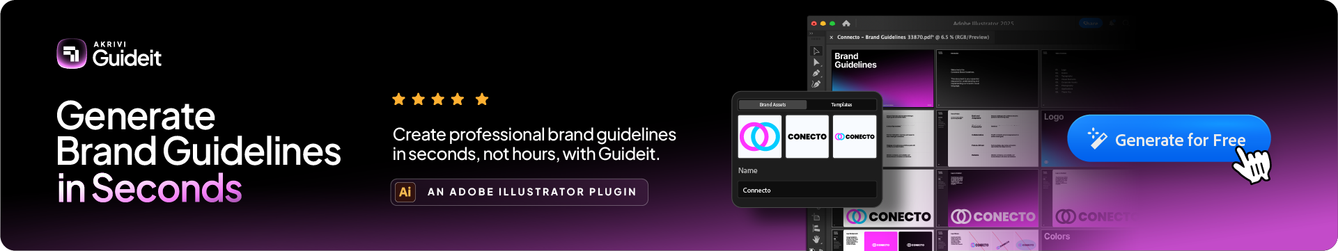 A promotional banner for Akrivi Guideit, an Adobe Illustrator plugin that generates professional brand guidelines in seconds, featuring a 'Generate for Free' button.