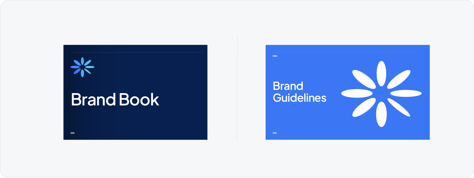 A side-by-side comparison showing a 'Brand Book' cover on the left and a 'Brand Guidelines' cover on the right, illustrating that they are visually similar documents.