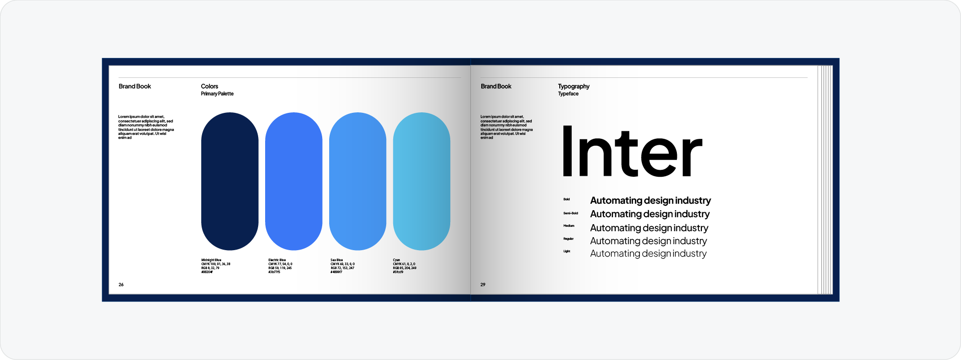 An open spread of a digital brand book showing a color palette page with blue swatches on the left and a typography page featuring the Inter font on the right.