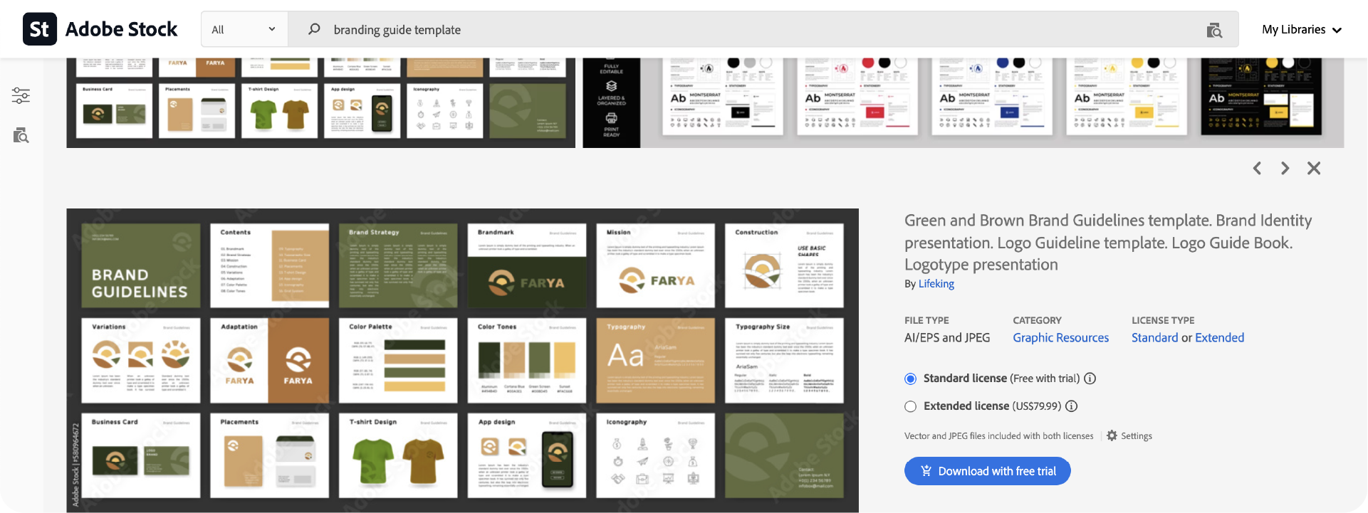 A screenshot of an Adobe Stock page showing a manual brand guidelines template for sale, illustrating the traditional, non-automated option.