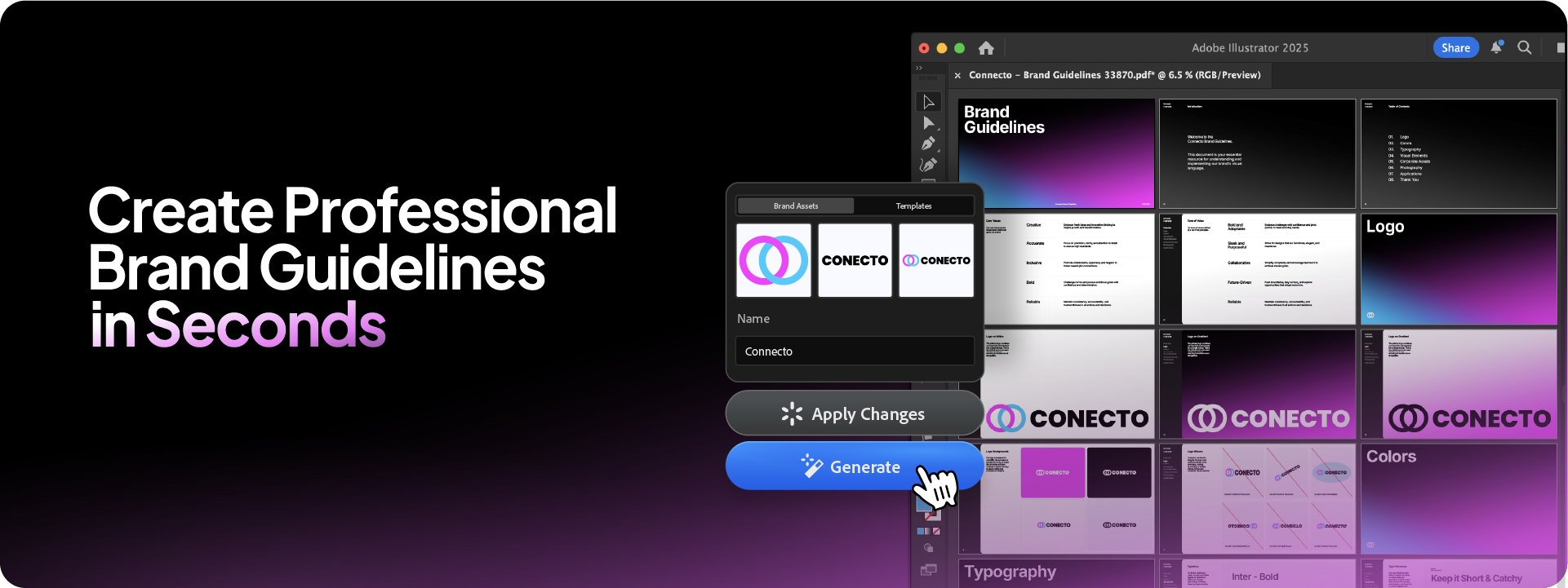 A split screen comparing a promotional banner for the 'Akrivi Guideit' automated generator on the left, with an Adobe Illustrator window showing a generated document on the right."