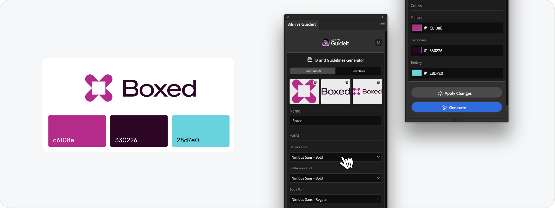 An Adobe Illustrator interface showing the Akrivi Guideit panel, with a user uploading the 'Boxed' brand logo files and selecting a template.