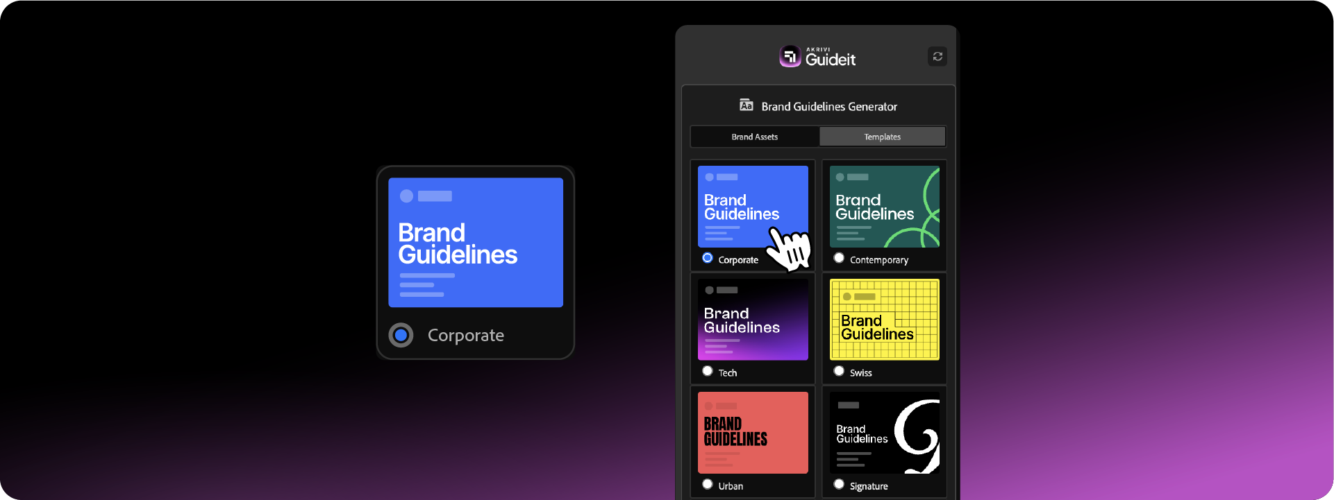 The Templates tab in the Guideit panel, showing a user selecting the 'Corporate' style from a list of options including Contemporary, Tech, and Urban.