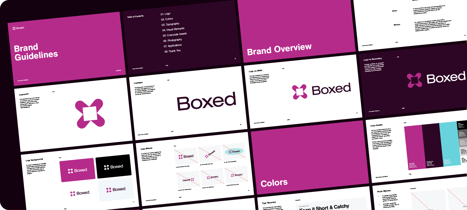 A wide view of a complete brand guidelines document for the brand 'Boxed', displaying multiple pink-themed pages including logo usage, color palette, and typography, generated in Adobe Illustrator.
