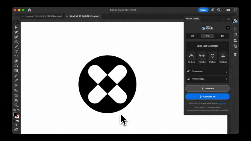 A screen recording showing a user dragging the 'Scale' slider in the Akrivi Gridit panel, causing the anchor points on a geometric logo to instantly grow and shrink in real-time.