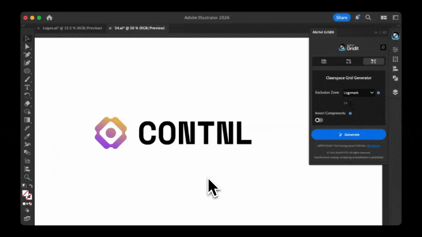 A screen recording of a user switching to the Clearspace tab in Gridit V3 and instantly generating a precise exclusion zone grid around a logo with a single click.