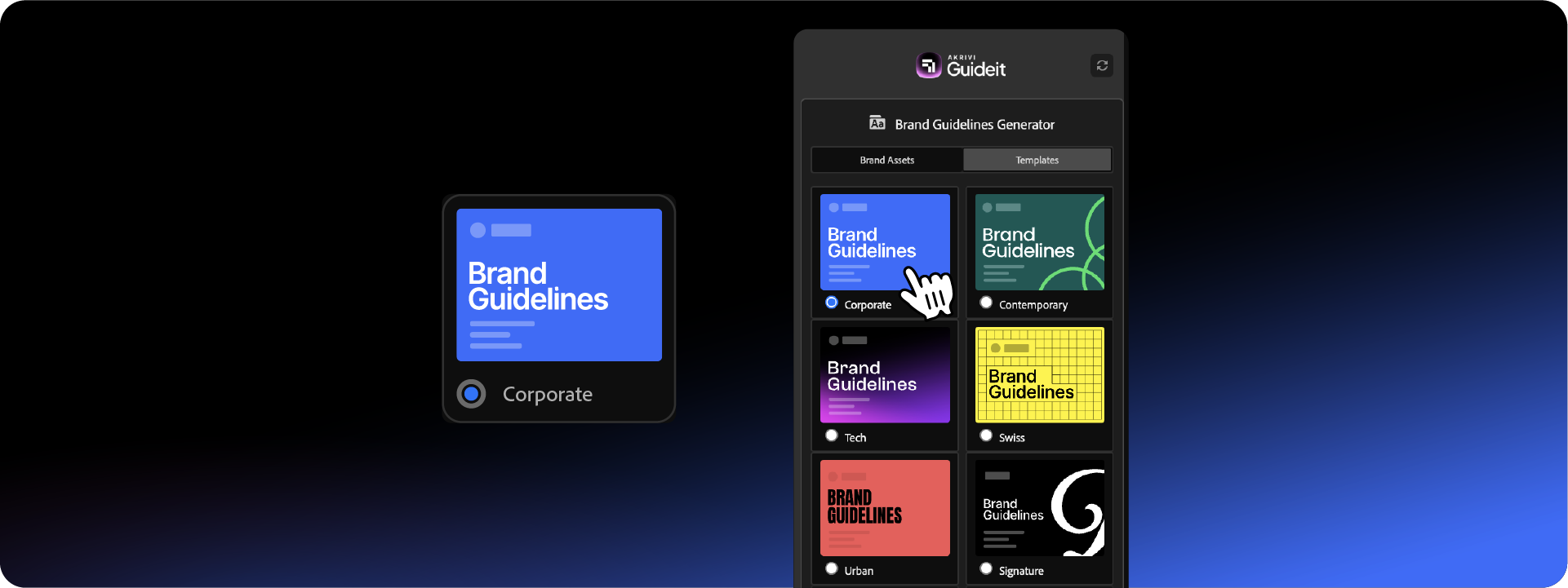 The Akrivi Guideit panel showing the user selecting the 'Corporate' template style to start the brand bible generation process