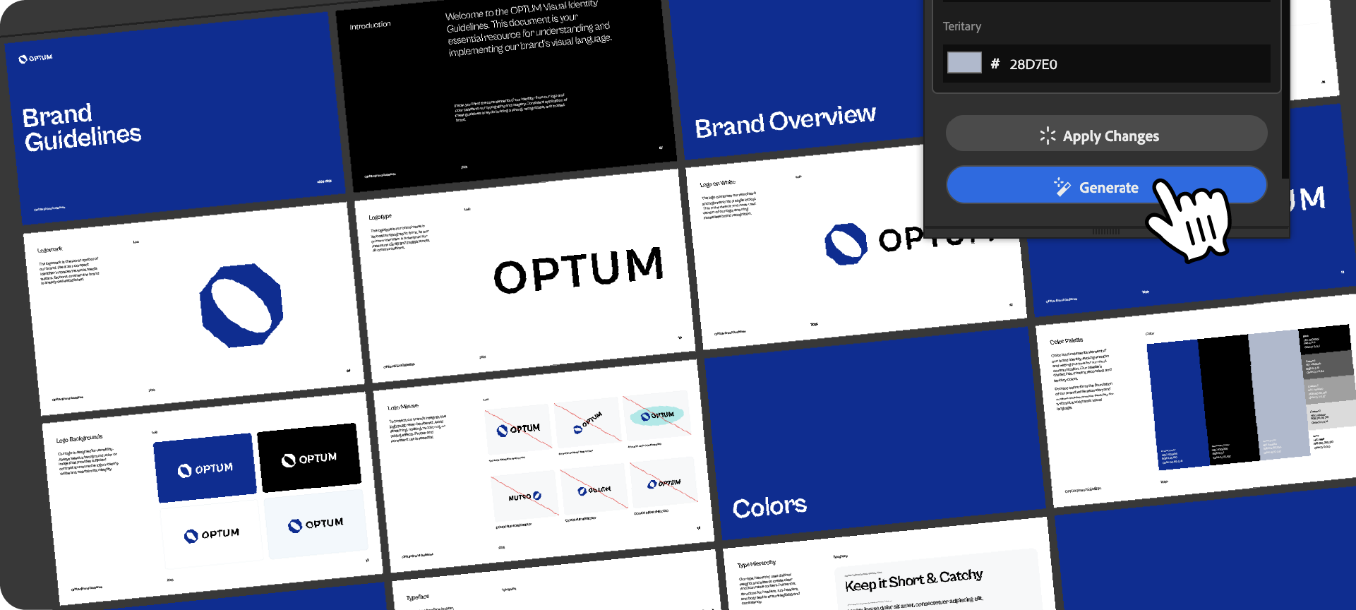 A wide view of a complete brand bible document for the brand 'Optum', displaying pages for logo, color, and typography generated inside Adobe Illustrator.