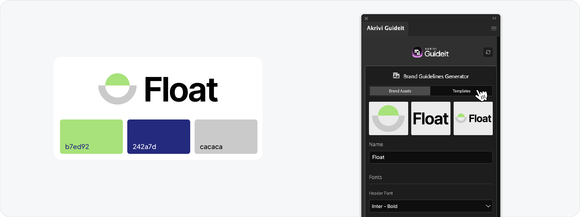 The Akrivi Guideit panel in Illustrator, showing the Brand Assets tab where users upload logos and select fonts for the brand Float