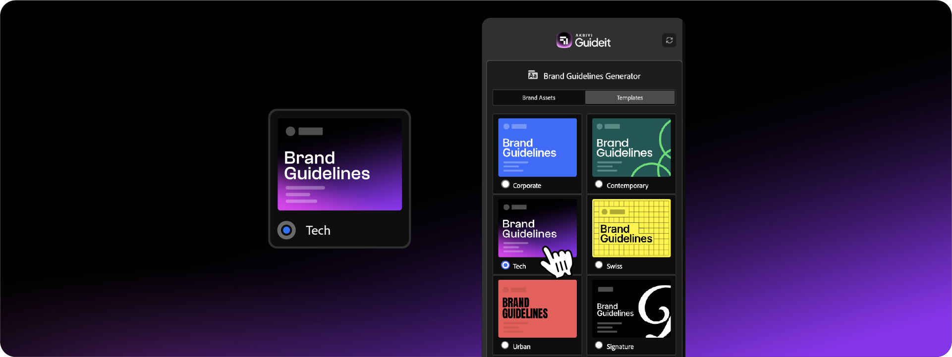 The Templates selection screen in Guideit, showing a user choosing the 'Tech' template to define the visual style of the brand guidelines.
