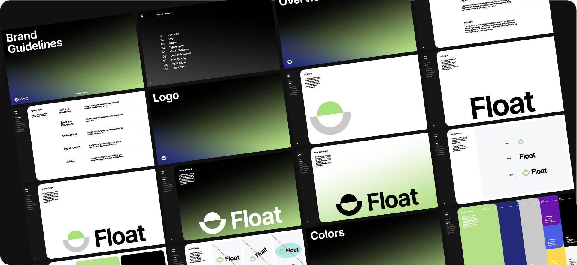 "A complete set of vector brand guideline pages generated for the brand Float, displayed as editable artboards in Adobe Illustrator.