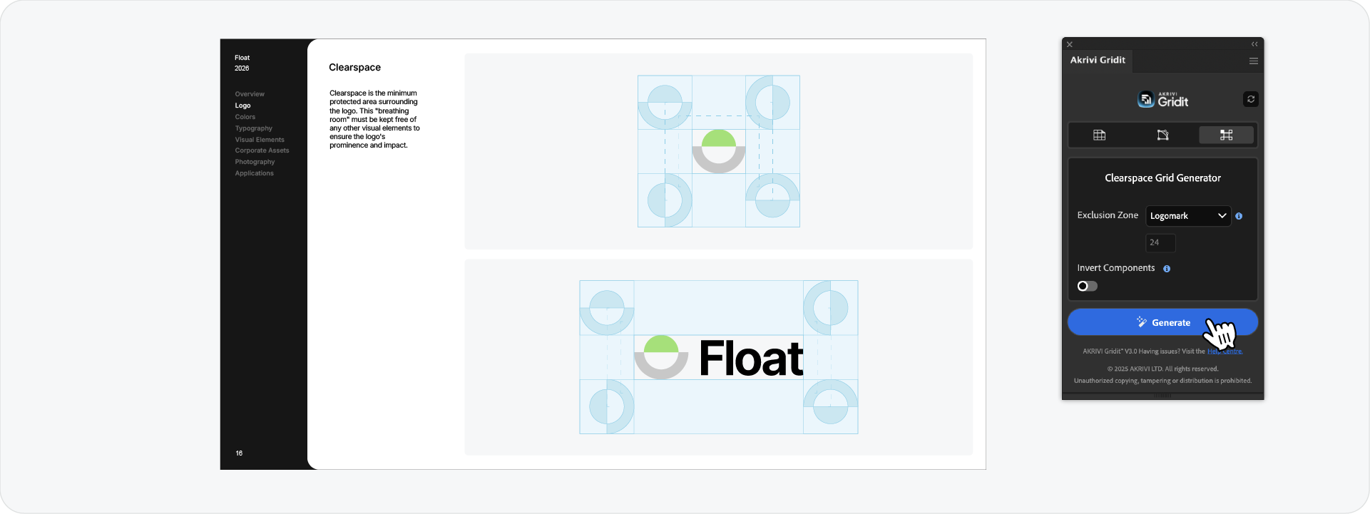 A generated brand guideline page for the brand 'Float' showing a clearspace grid, alongside the Akrivi Gridit panel where a user is clicking the 'Generate' button to create it.