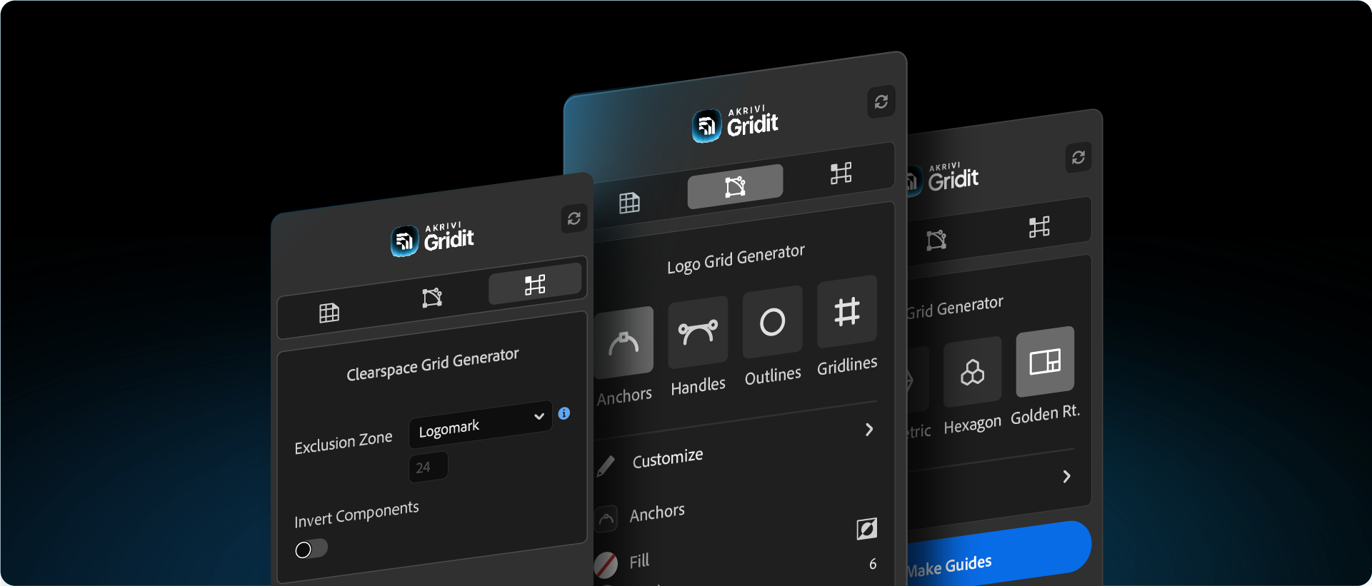A sleek showcase of the three Akrivi Gridit V3 panels, Clearspace, Logo Grid, and Base Grid generators, displayed together in dark mode.