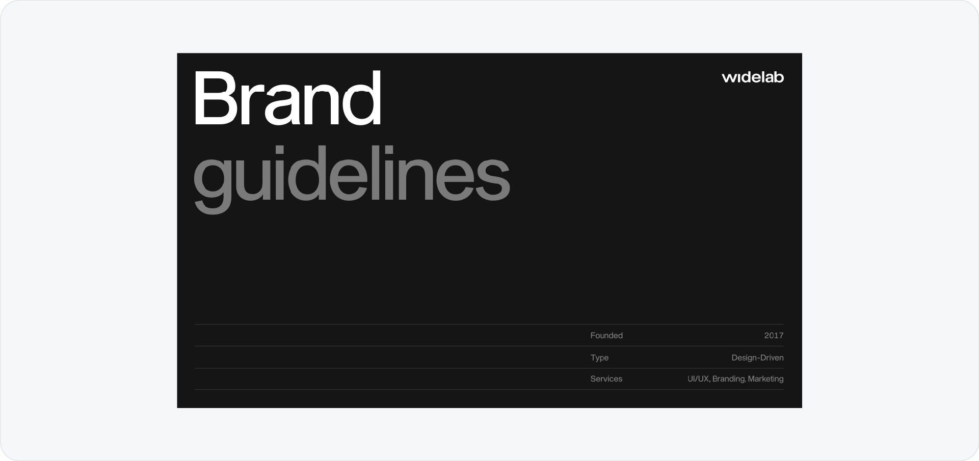 Widelab brand guidelines cover showing a sleek, dark-mode grid layout.