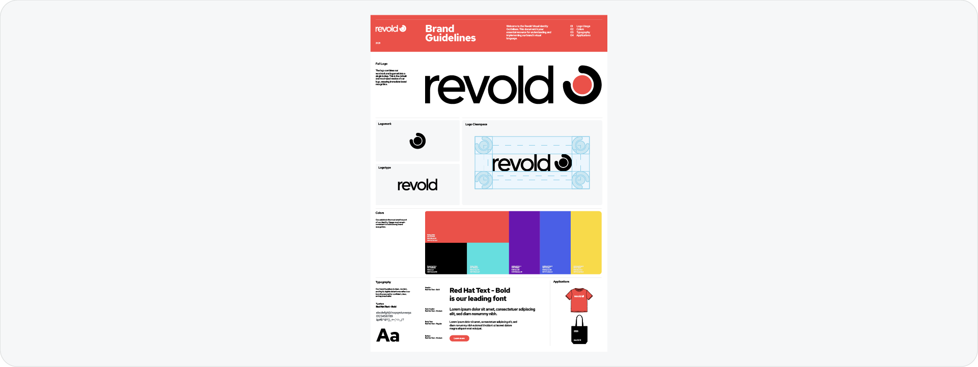 A professional one-page brand guideline sheet for 'Revold' generated by Akrivi Guideit, featuring the primary logo, technical clearspace, color palette, and typography hierarchy.