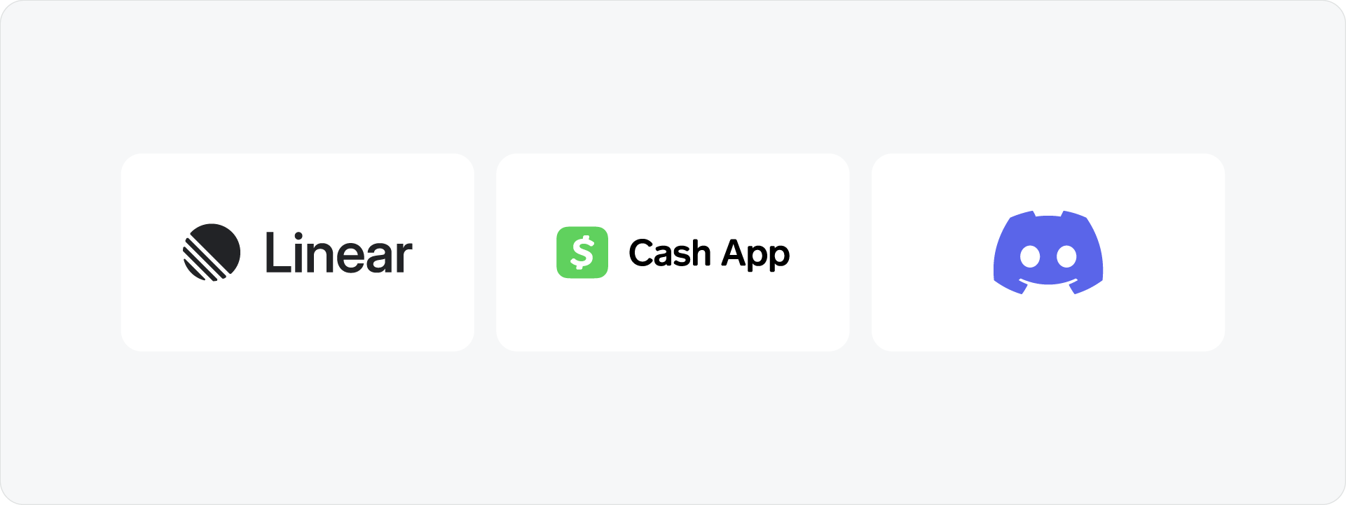 Logo symbols for Linear, Cash App, and Discord, used to demonstrate how the brand guidelines generator handles modern, icon-focused visual identities.