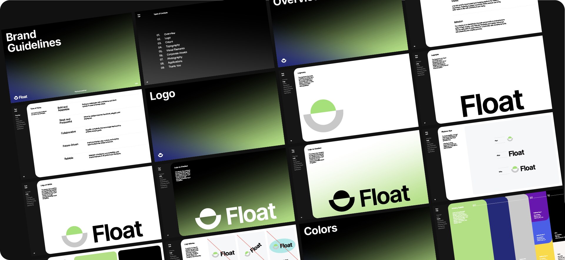 A wide-angle view of a complete, multi-page brand book for 'Float' generated in Illustrator, showing a consistent green and black gradient theme across the entire document.