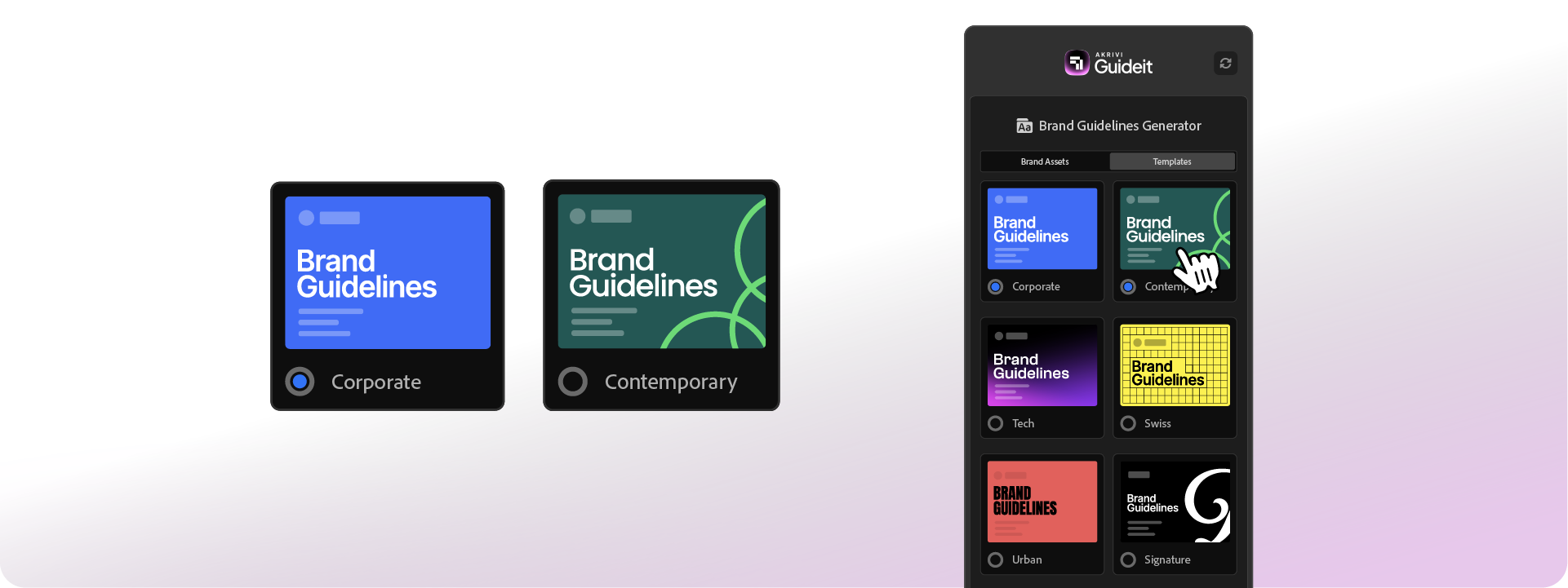 A close-up of the Guideit panel showing the selection process between 'Corporate' and 'Contemporary' brand guideline templates.