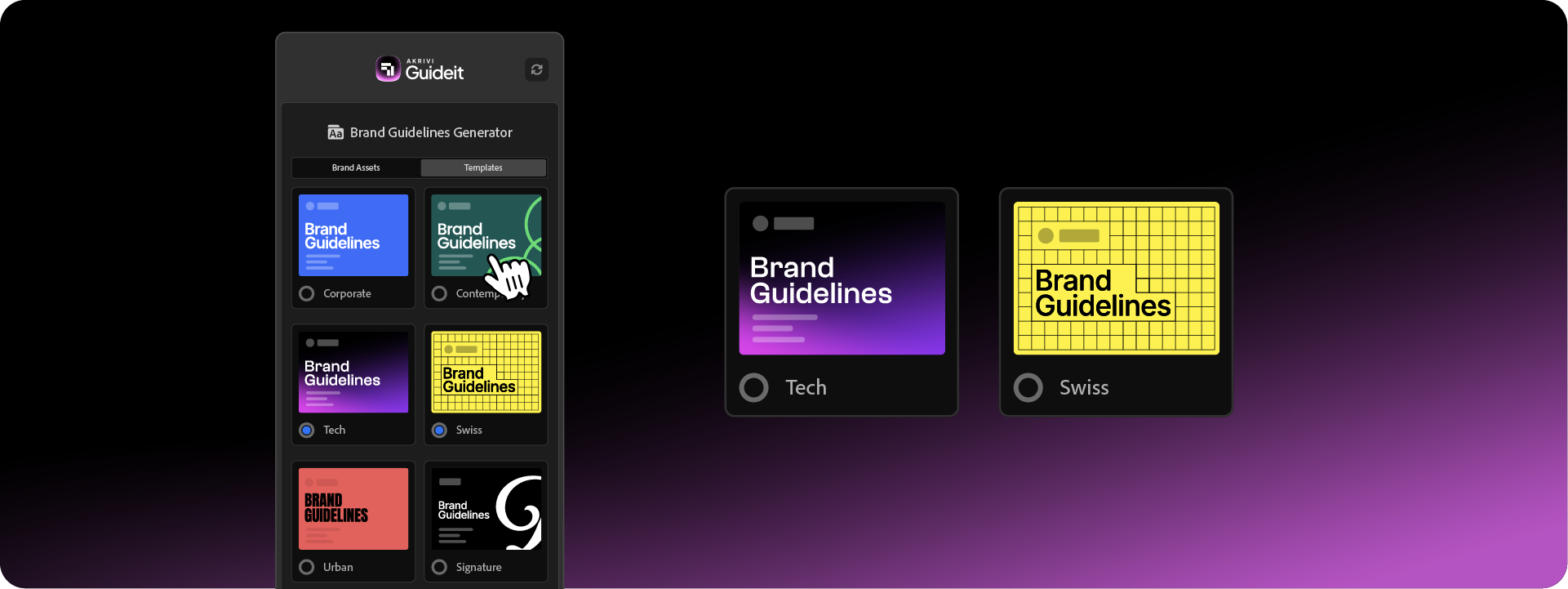 The Akrivi Guideit plugin interface in Adobe Illustrator, showing the template selection gallery with thumbnails for Tech, Swiss, and Signature styles.