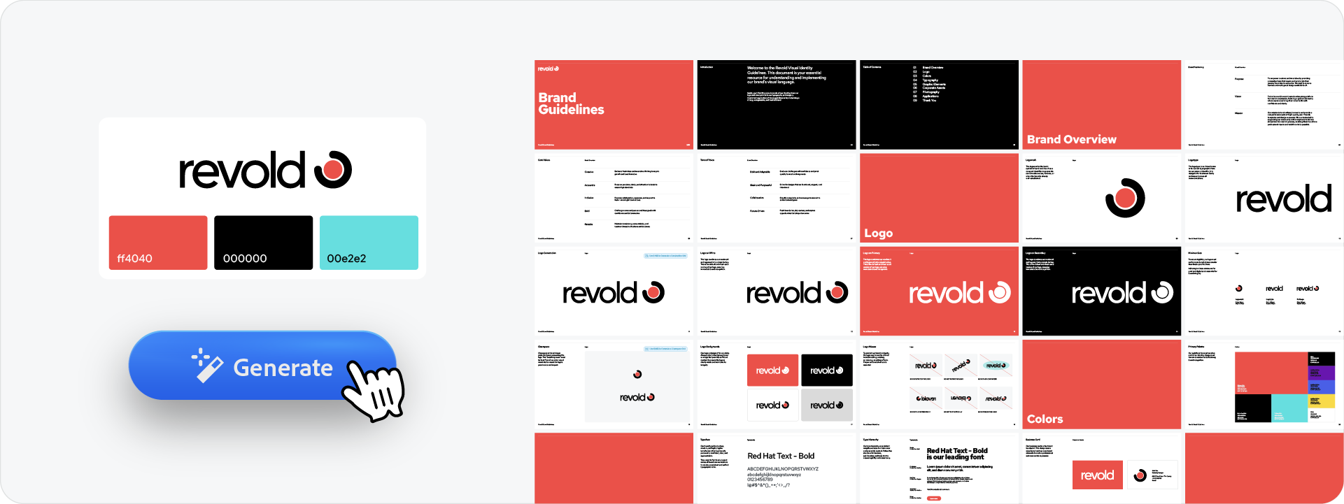 An illustration of the Akrivi Guideit workflow: entering a logo and color palette to instantly generate a complete, multi-page brand guidelines document with one click.