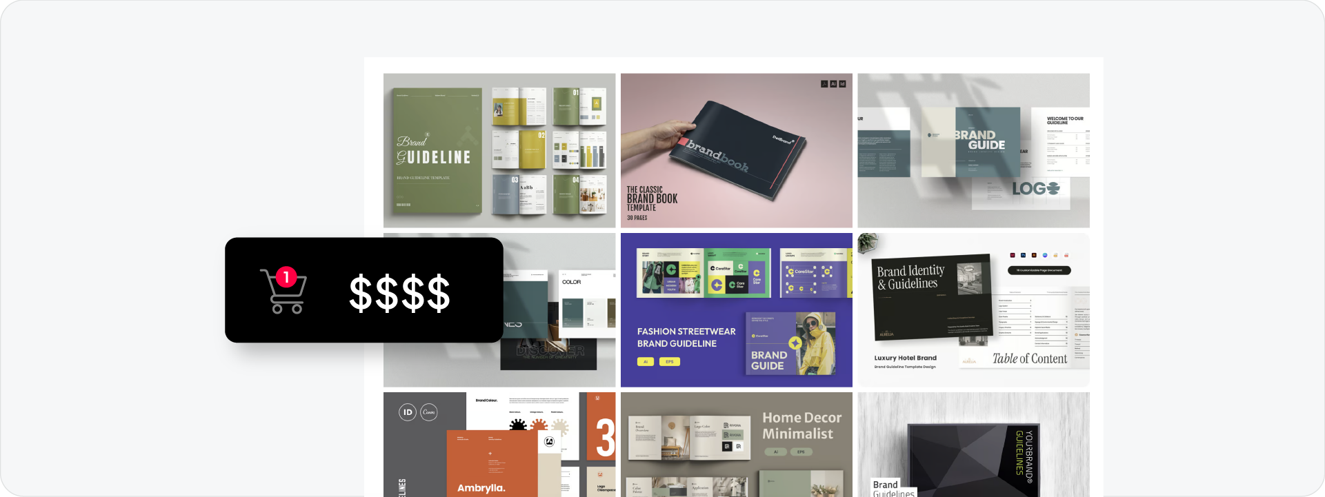A marketplace view of various premium brand guidelines templates, with a graphic overlay representing the recurring high costs of buying static design files that still require manual work.